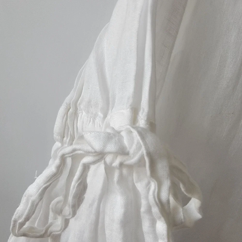 Charter Club women's 100% Linen Bell-Sleeve tie Top M beachy natural coastal - Picture 5 of 7